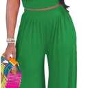 HBQ Two Piece Outfits For Women Casual Sweat Suits Backless Short Sleeve Crop Tops Wide Leg Pants Lounge Sets Tracksuit (Small, Green)