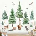 decalmile Large Pine Tree Wall Decals Woodland Animal Bear Wall Stickers Baby Nursery Kids Room Bedroom Wall Decor