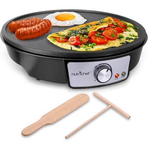 NutriChef Electric Griddle & Crepe Maker | Nonstick 12 Inch Hot Plate Cooktop | Adjustable Temperature Control | Batter Spreader & Wooden Spatula | Used Also For Pancakes, Blintzes & Eggs (One Size)
