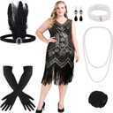 ELECLAND 1920s V Neck Sequin Beaded Fringed Dress with 20s Accessories Set XL