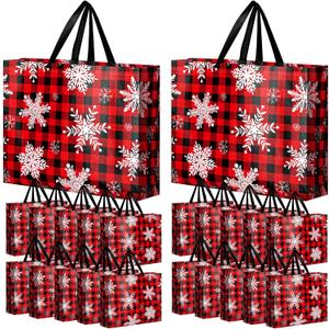 Abbylike 36 Pcs Reusable Christmas Large Gift Bags Bulk Xmas Holiday Plaid Tote Shopping Bags with Handles (Red)