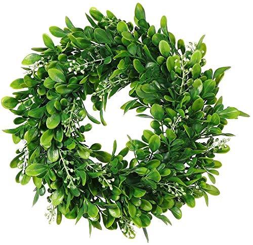 Artificial Green Leaves Wreath - 11 inch Artificial Boxwood Wreaths with White Flower for Window Wall Wedding Decor,1Pack