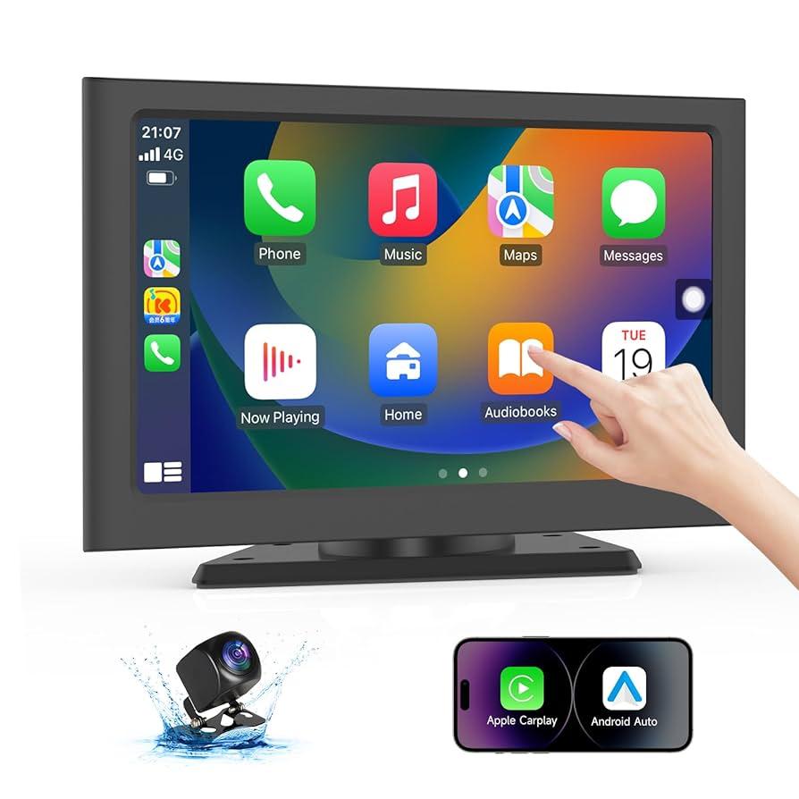 Apple Carplay Screen for Car, 7" HD Portable Car Stereo Touch Screen with Wireless Android Auto, Backup Camera, Car Audio Receivers with Voice Control, Mirror Link, Bluetooth, GPS Navigation