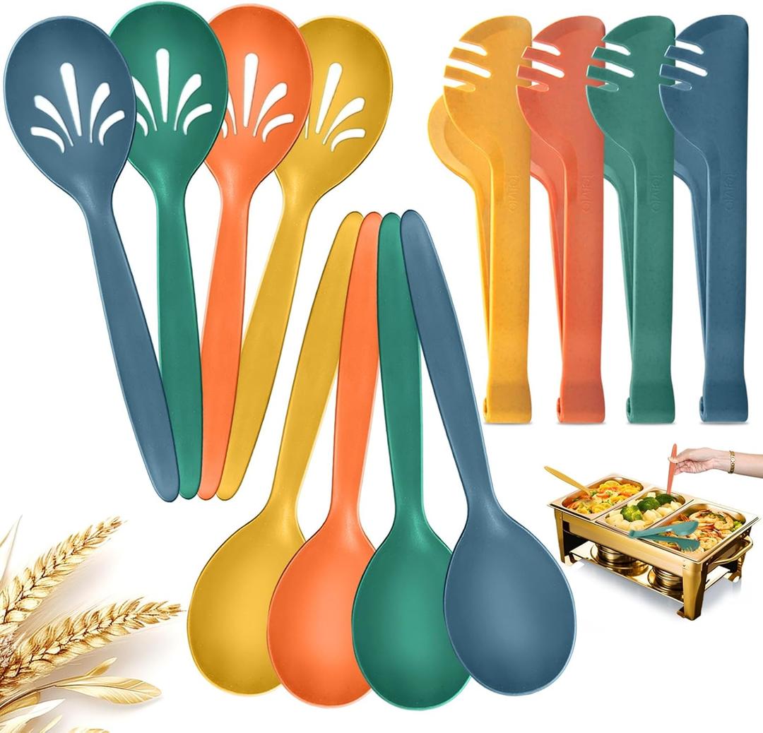Reusable Plastic Serving Utensils Set of 12, 10" Wheat straw Large Serving set Serving Spoons/Slotted Spoons/Tongs, for Party Buffet Catering (Orange/Blue/Yellow/Green, Not for Cooking)