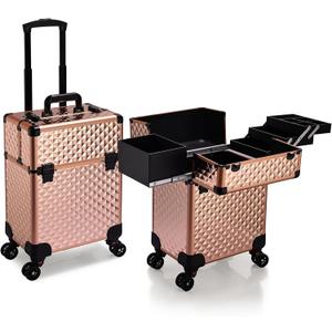 Stagiant Rolling Makeup Train Case Large Storage Cosmetic Trolley 4 Tray with Sliding Rail Removable Middle Layer with Key Swivel Wheels Salon Barber Case Traveling Cart Trunk (Rose Gold)