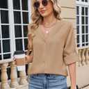 ZAFUL Womens Button Down Shirts 3/4 Long Sleeve Dressy Casual Tops Satin Silk Business Blouses Champagne L (White, L)