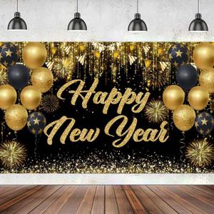 New Year Decorations  Black and Gold Happy New Year Banner, 71 x 43 Inches Large Hanging Backdrop with Ribbon for 2025 Celebration Party Supplies