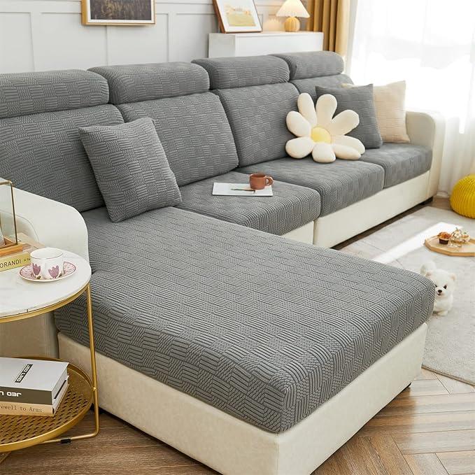 cjc Couch Cover, Universal Stretch Chaise Sofa Slipcovers,Anti-Slip L Shape Sofa Covers, Sofa Slipcover for 3 Cushion Couch - Elastic Furniture Protector (Leaves Light Grey, Single Seat Covers)