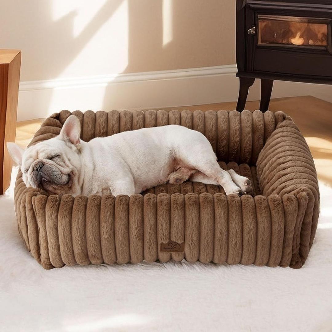 Bedsure ComfyFleece Washable Dog Bed for Medium Dogs - Cute Furry Puppy Beds, Rectangle Orthopedic Corduroy Fleece Pet Beds with Removable Zipper Cover, 30x24x8inches, Camel Brown