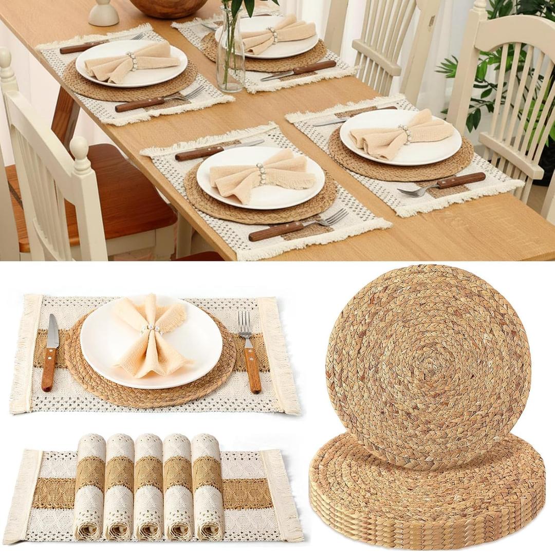 Boho Wedding Placemats Set of 6 - Handmade Farmhouse Rustic Table Decor, Natural Cotton Burlap and Corn Husk Woven Round & Rectangular Mats for Bridal Shower, Reception & Holiday Hosting