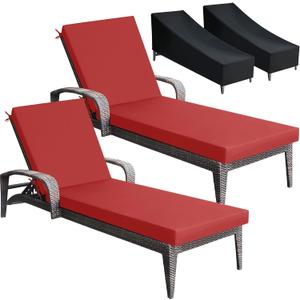 Patelai 2 Set Outdoor Chaise Lounge Cushions with Chair Covers, 70 x 21 x 3 Inch Waterproof Sun and Fade Resistant Thick Replacement Lounge Chair Cushions with Pockets for Patio Poolside (Red)