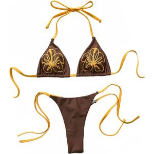GORGLITTER Women's Y2k Floral Brazilian Bikini Sets Halter Triangle High Cut Thong String Swimsuit 2 Piece Summer Bathing Suits