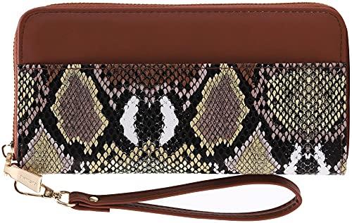 B BRENTANO Vegan Leather Slim Single-Zipper Wallet with Pocket, Wristlet and Tassel Accent (Multi Python Brown.)