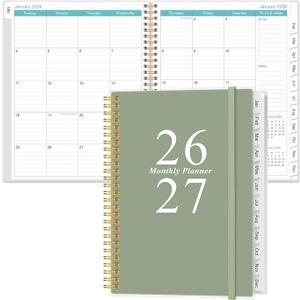 2026-2027 Monthly Planner - 18 Monthly Calendar, January 2026 - June 2027, Two Pages Per Month, 9" x11" Planner with Tabs, Strong Twin-Wire Binding, Inner Pocket, Green