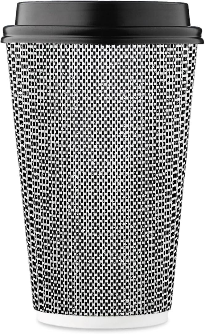 [85 SET]Harvest Pack 16 oz Disposable Coffee Cups, Insulated Ripple Double-Walled Paper Cups with Lids, Black and White Geometric, Drinking Cups for Tea Hot Chocolate Drinks To Go Coffee Cups