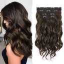 Dark Brown Hair Extensions - 14 Inch Wavy Synthetic Clip in Hair Extensions For Women And Girls (Color: Dark Brown with Light Brown Highlights)