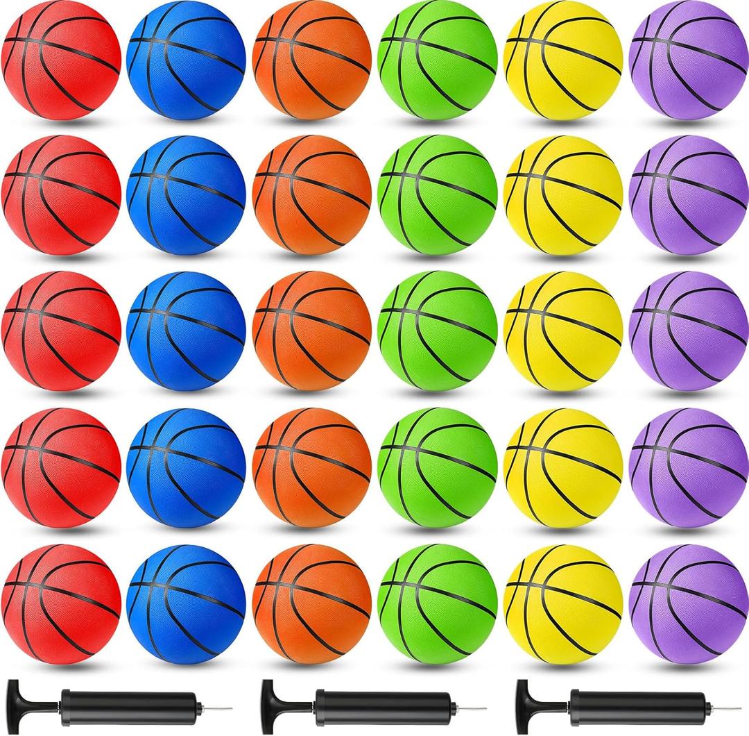 Lenwen 30 Pack Basketballs Bulk Official Size 7 29.5" Rubber Basketballs with Pump for Indoor Outdoor Adult Men Youth Boys Training Practice Games Match Operation Christmas Items, 6 Colors