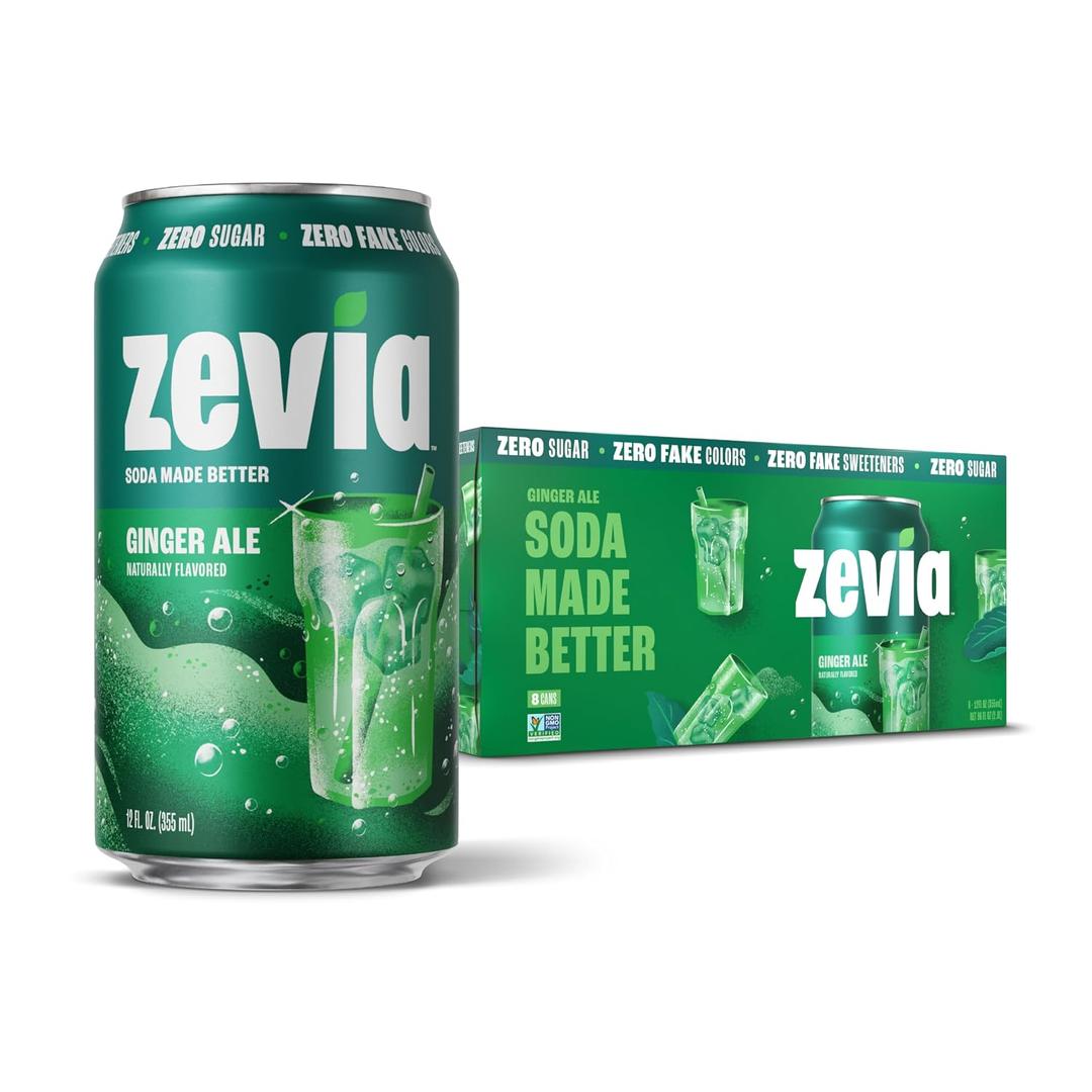 Zevia Zero Sugar Soda, Ginger Ale, 12 oz Cans (8-Pack) Naturally Sweetened, Non-GMO Project Verified, Gluten-Free, Vegan (EXP 12/05/27)