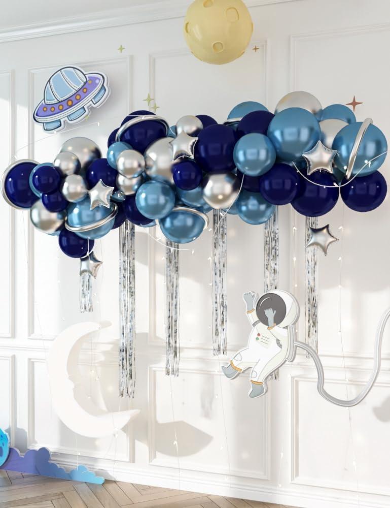 HOUSE OF PARTY Space Balloon Arch Kit - Metallic Blue, Pearl Navy, Silver and Galaxy Astronaut Balloons. Silver Holographic Fringe Curtains for Space Birthday Party Decorations