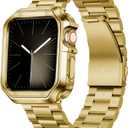 BINLUN Compatible with Apple Watch Band 49mm 46mm 45mm 44mm 42mm 41mm 40mm 38mm Stainless Steel Metal Watch Strap with TPU Watch Case Compatible with iWatch Series Ultra/11/10/9/8/7/SE2/SE/6/5/4/3/2/1 (Gold)