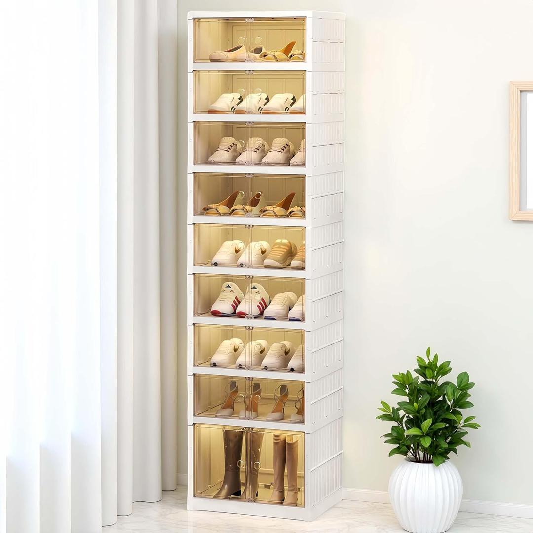 Foldable Shoe Rack Organizer for Closet 9 Tier-18 Pairs Stackable Shoe Storage Cabinet, Collapsible Sneaker Shelf with Doors, Shoe Organizer with Lids Large for Living Room, Entryway