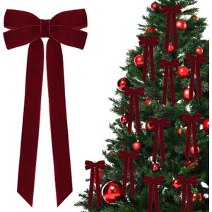 12Pcs Burgundy Velvet Ribbon Bows Christmas Tree Decorations,5in x 10in Xmas Ornaments for Tree Home Party Front Door Wreath Garland Holiday Decor