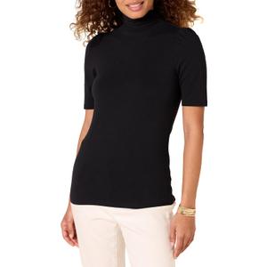 Amazon Essentials Women's Cotton Modal Draped Puff Sleeve Turtleneck (Large, Black)