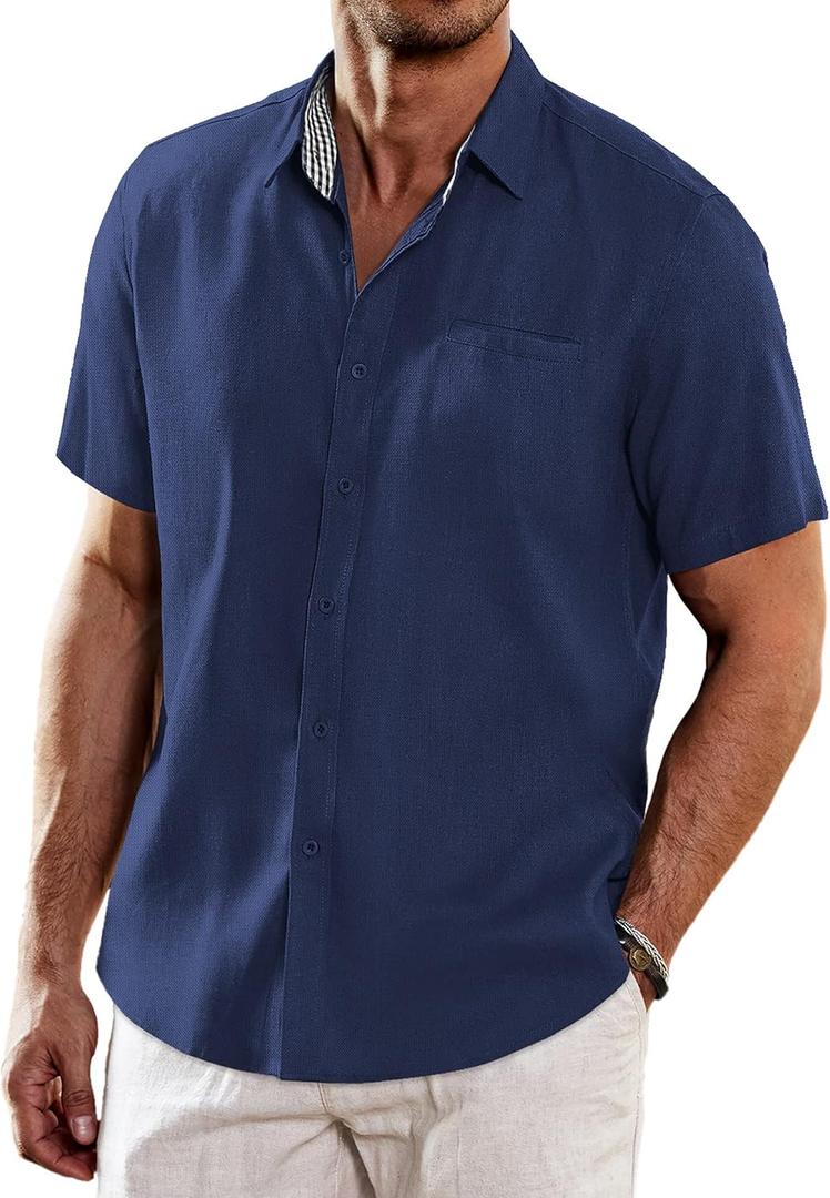COOFANDY Men's Casual Linen Shirts Short Sleeve Button Down Shirt Summer Beach Tops (S, Navy Blue)