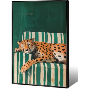 Maximalist Cheetah Wall Art Vintage Emerald Green Decor Poster Funny Sleepy Leopard Canvas Print Trendy Animal Pictures Aesthetics College Dorm Living Room Apartment 16x24 Inch Metal Black Frame