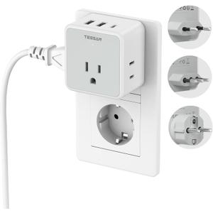 TESSAN All European Italy Travel Plug Adapter Kit, International Detachable with 3 Outlet 3 USB Charger (1 USB C), Type C/E/F/L EU Power Adaptor, US to France Germany Spain Greece Iceland (grey&white)