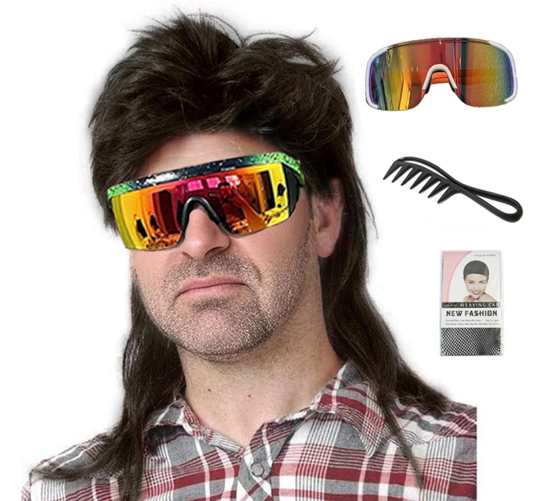 Men's 80s Mullet Wig Set, Retro Rocker Costume for Halloween, 80s Themed Party Cosplay (Black)