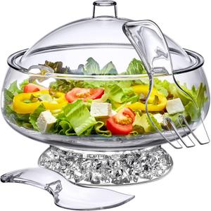Amazing Abby - Ice Bed - Acrylic 5-Quart Salad Bowl with Built-in Ice Base and Lid, Plastic Clear Serving Bowl with Integrated Servers, Keeping Salad Cold and Fresh for Party, Picnic, Outdoor Dining