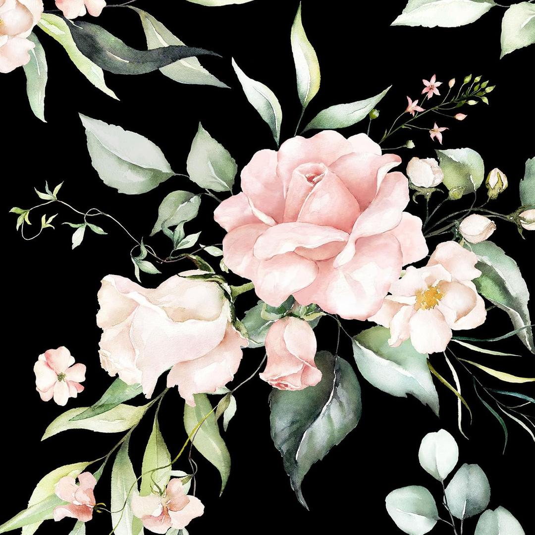 Black Floral Peel and Stick Wallpaper Self Adhesive Removable Pink Watercolor Botanical Flower Vintage Dark Accent Wall for Bedroom Living Room Renter Friendly 17.7" x 118"