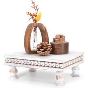 EOSAHR Pine Wood Display Riser Modern Farmhouse Style Pedestal Stand for Room Decor, New House Essentials, Cake Stand or Coffee Table Accents Boho Chic Decor Style(Distressed White)
