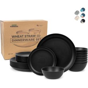 Grow Forward 24-piece Premium Wheat Straw Dinnerware Sets for 8 - Unbreakable Dishwasher & Microwave Safe Plastic Plates and Bowls Sets - Patio, Outdoors, RV, Camping Dishes - Midnight