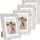 Hongkee 5x7 Picture Frame Set of 4, Made of Real Glass and Distressed White Wooden Frame, 5 by 7 Photo for Wall or Tabletop - Display Picture 4x6 with Mat or 5x7 Without Mat