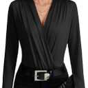 LYANER Women's Wraped V Neck Ruched Long Sleeve Leotard Bodysuit Top (Black#) Size Small