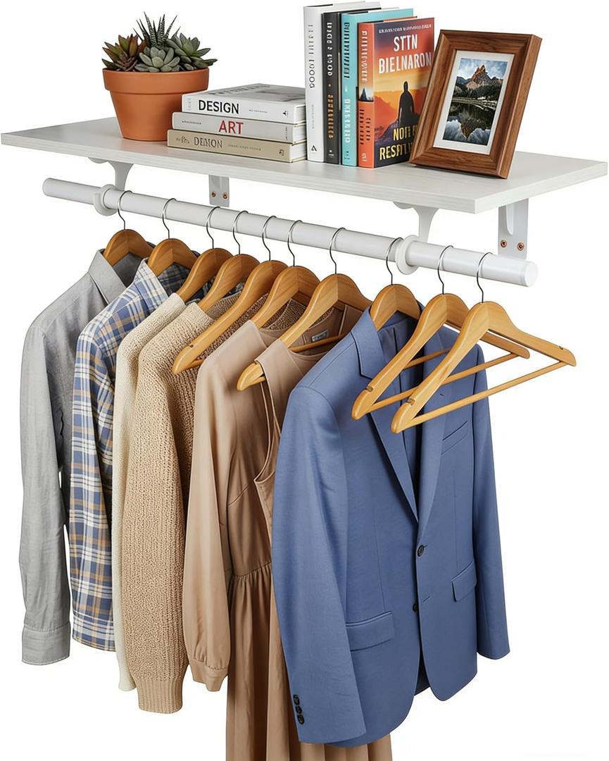FIRJOY Wall Mounted Clothes Rack, with Top Shelf and Hanging Rod, Heavy Duty (White, 1 PACK 11.8" x 31.4")