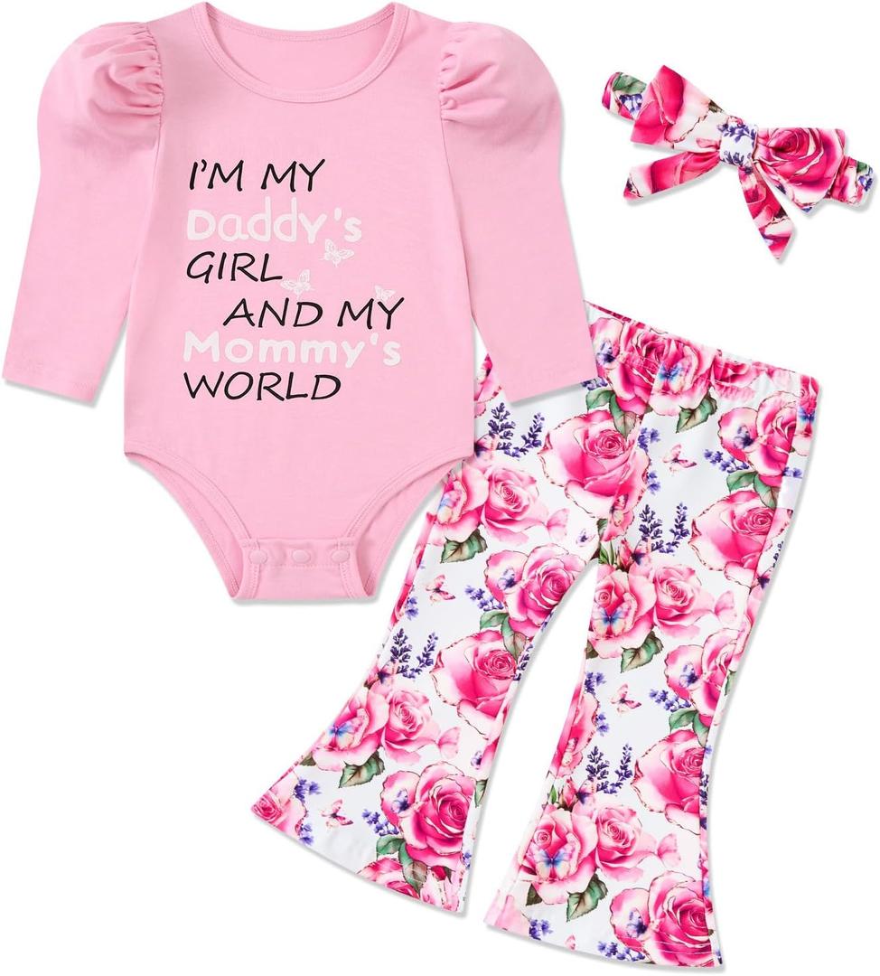 Baby Girl Romper Set and Bell Bottom Pant with Bow Headband Infant Fall Outfit 6-18 Month