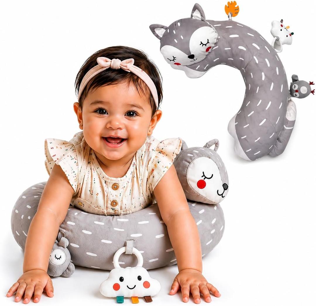Tummy Time Activity Toy | Baby Sensory Pillow for Infants 0-6 Months | Pillow with Detachable Rattle | Crinkle & Teether Toys | Soft Breathable Floor Pillow for Newborns and Babies