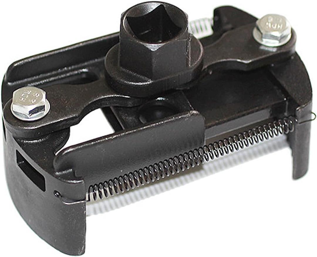 Universal Adjustable Oil Filter Removal Tool with Auto-Clamp Spring for 60–80mm Filters – 1/2" Drive, Non-Slip Serrated Jaws, Durable Tool Steel, Effortless Removal, Compact Design for Tight Spaces