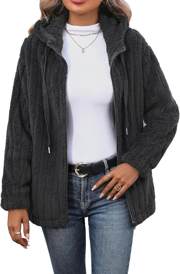 Vipwest Womens Fleece Jacket Fall Winter Full Zip Sherpa Coat with Hood S-5XL (XL, Vertical Striped Black Grey)