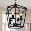 Farmhouse Lantern Chandelier 4-Light, Industrial Black Ceiling Light Fixture with Rustic Open Cage and Adjustable Hanging Height, E12 Base for Kitchen Island, Dining Room, Entryway, Foyer