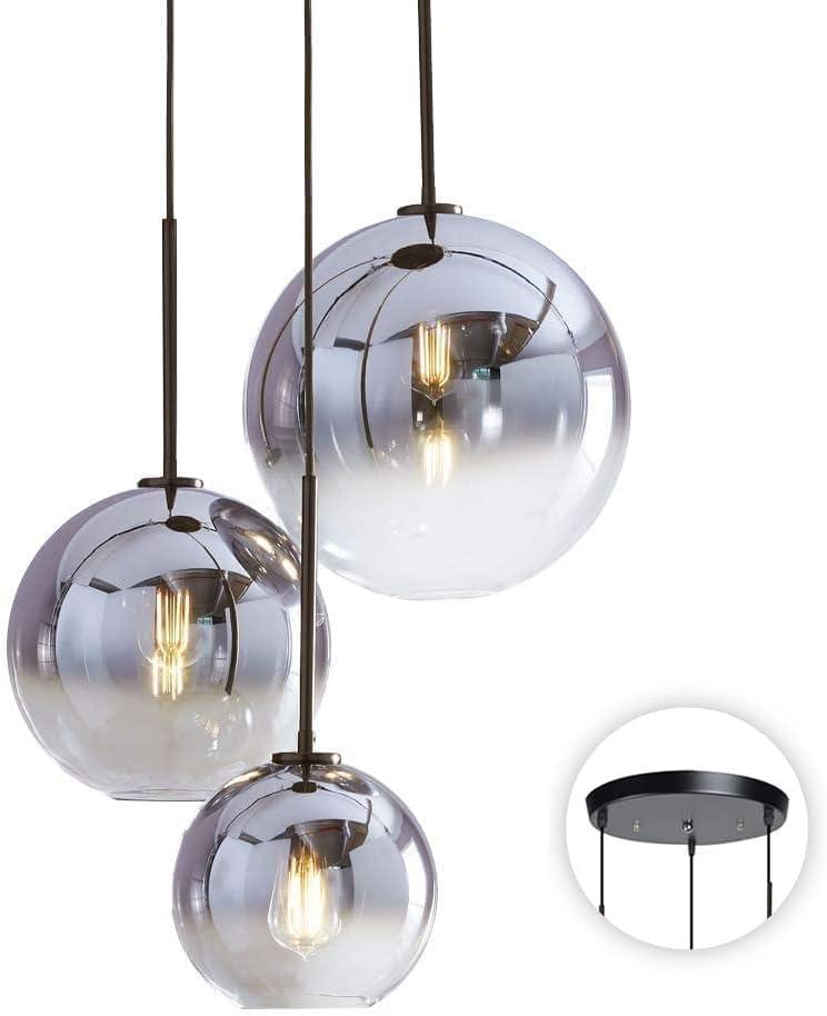 KCO Lighting Modern 3-Light Hanging Light Fixture Silver Gradient Glass Globe Pendant Ceiling Lighting with Adjustable Cord Mid Century Hanging Chandelier Light Fixture for Kitchen Island Bedroom (Sliver-15-20-25)
