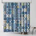 MEHOFOND Blue and Yellow Tiles Shower Curtain Modern Retro Textures Morocco Mosaic Portuguese Mediterranean Shower Curtain for Bathroom Decorations Bathtub Set with Hooks 72x72in