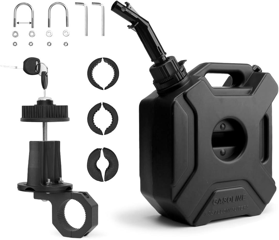 Portable Tank with Locking Mounting Upgraded Bracket Mounting 5L / 1.3 Gallon Fits for Car Motorcycle SUV ATV UTV U bolt for 1" Tube (Locking+Upgraded Bracket+Black)
