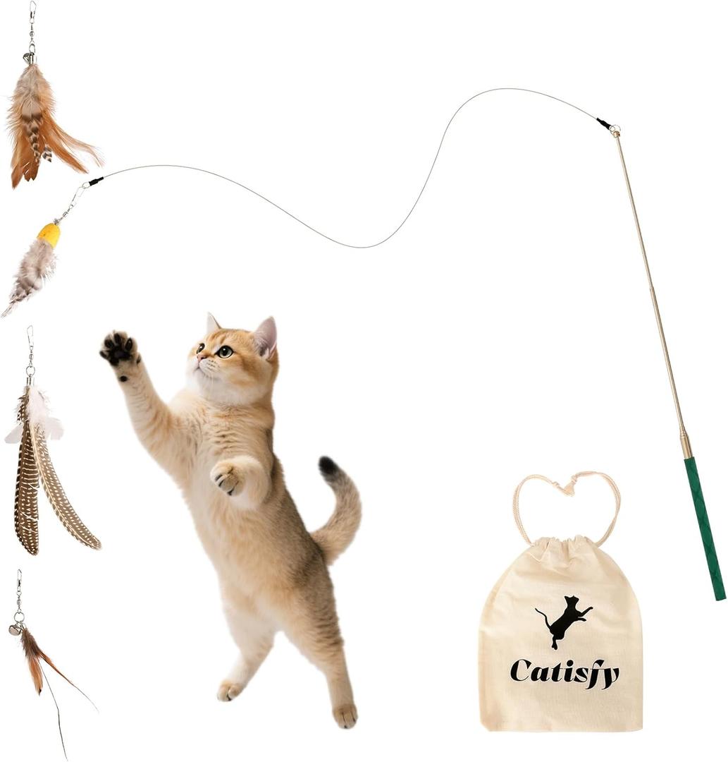 Cat Wand Toy  Retractable Wand with 4 Feather Toy Refills for Indoor Cat Enrichment, Interactive Toy for Bored Adult Cats and High-Energy Kittens (FlutterFlick Series)