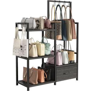Handbag Organizer - 3 Tier Purse Storage Rack with Pull Out Drawer & 6 Hooks, High Capacity Handbag Holder Shelf, Metal Frame with Wood Shelves for Closet/Bedroom(Dark Grey)