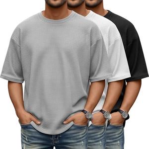 Velvelhall 3 Pack Men Waffle T Shirts Oversized Half Sleeve Crewneck Pullover Tees Short Sleeve Loose Fit Workout Casual Tops(Black, White, Light Gray,Large)