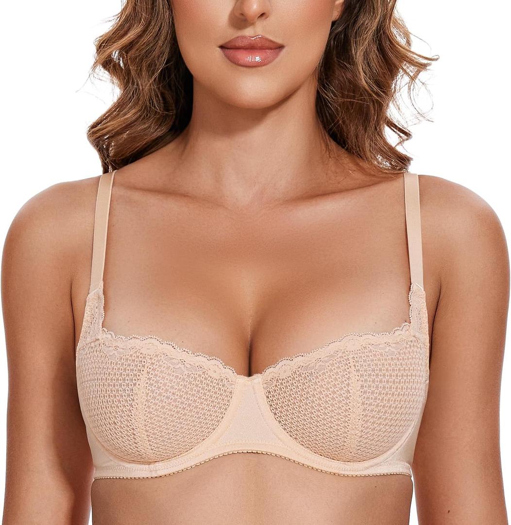Wingslove Women's Sexy Lace Bra Mesh Balconette See Through Bralette Half Cup Sheer Bras Unlined Underwire Suppport (32B, Nude)